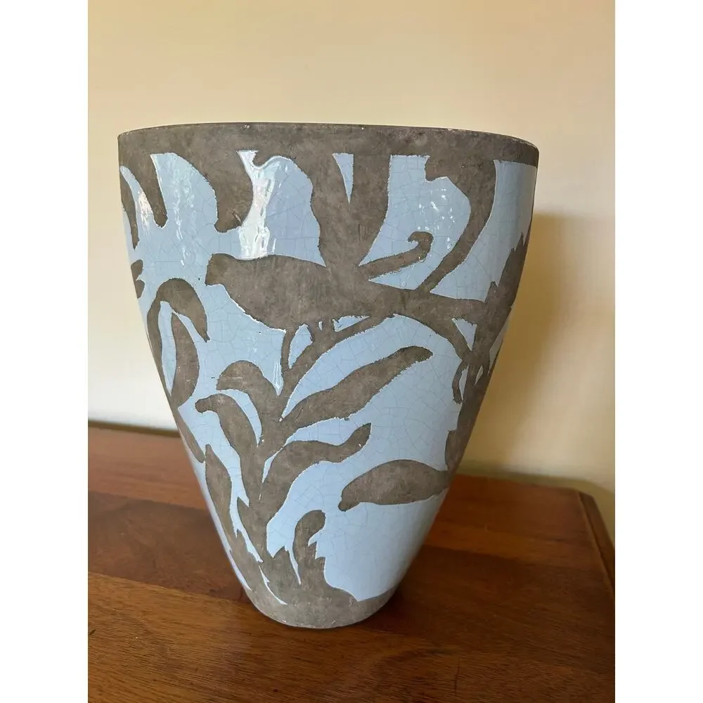 Vintage Sgraffito-style Ceramic Vase Blue Gray Leaf Floral Pattern